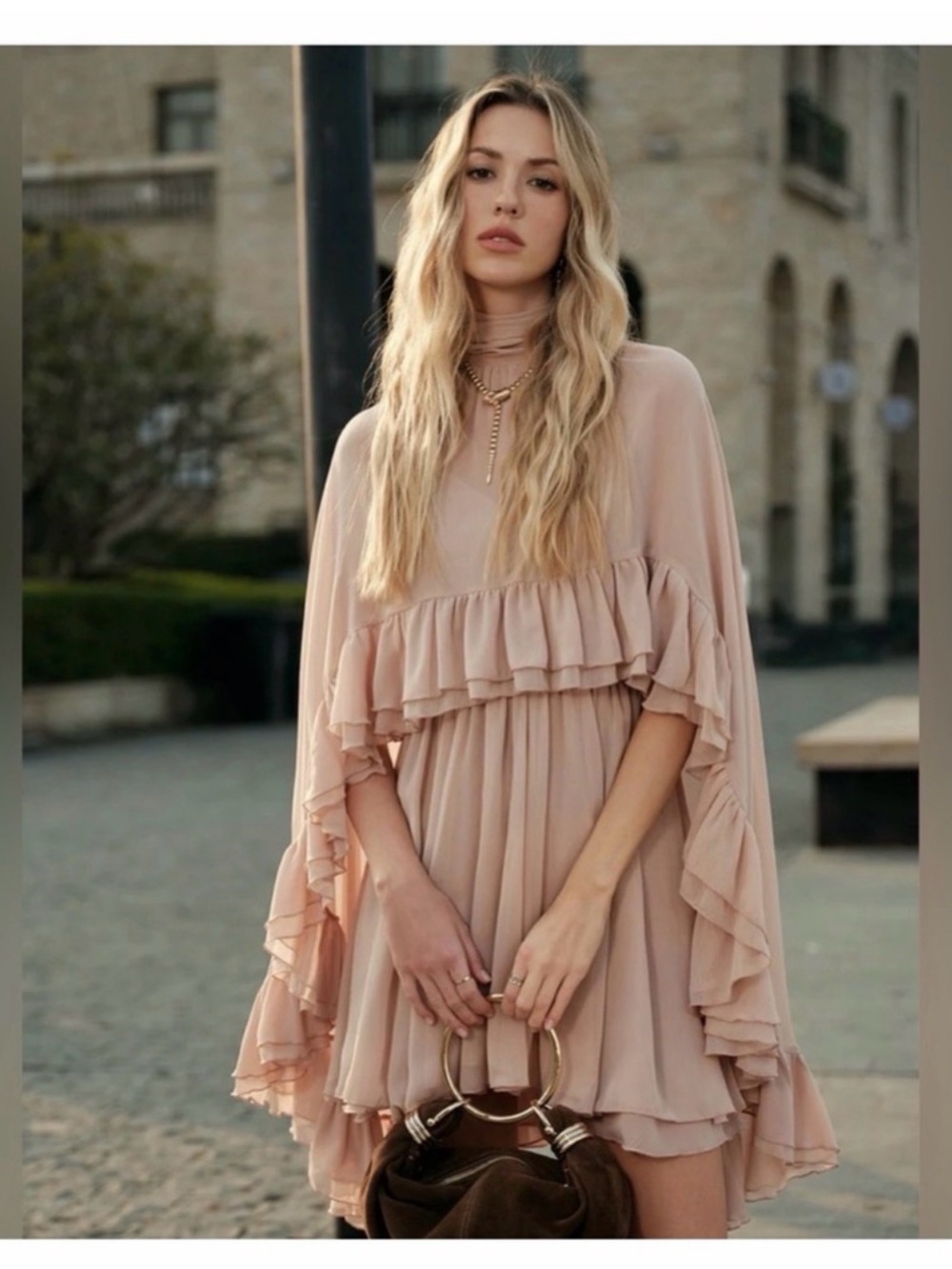 Commense Semi-Sheer Chiffon Ruffle Dress With Outer Cape - Picture 4 of 16